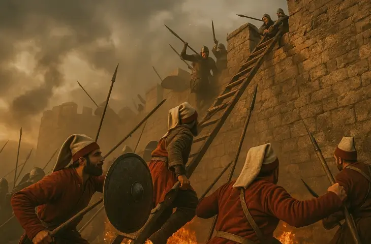 İstanbul’un fethi sırasında yeniçerilerin merdivenlerle surlara tırmandığı yoğun çatışma sahnesi.